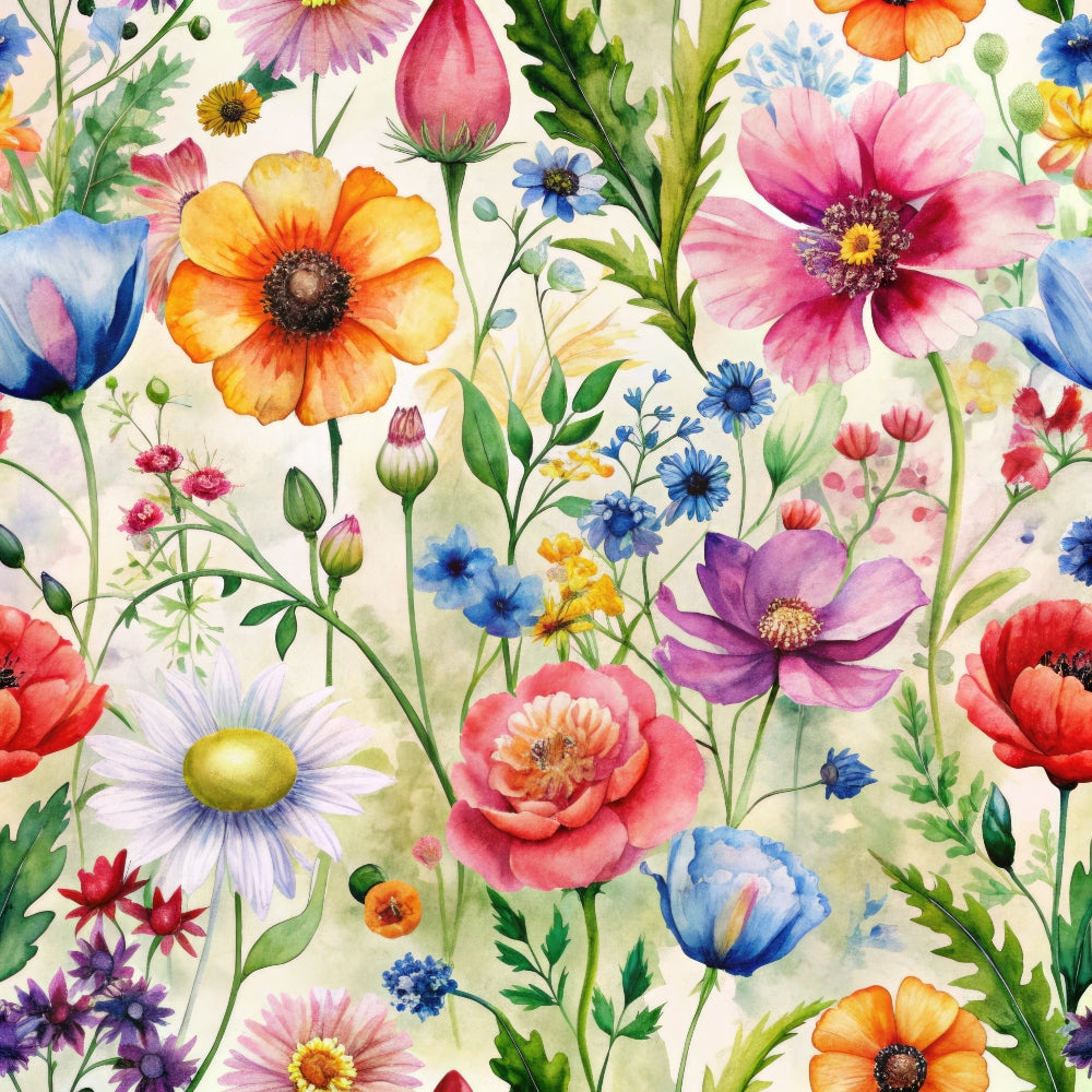 watercolor wildflowers, botanical pattern, floral design, quilting cotton, fabric panel, pink flowers, blue blossoms, orange petals, purple blooms, yellow centers, green stems, leaves, meadow flowers, poppies, daisies, cornflowers, delicate artwork, spring garden, nature motifs, whimsical florals