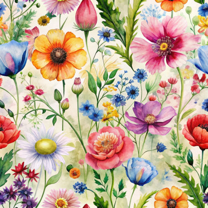 watercolor wildflowers, botanical pattern, floral design, quilting cotton, fabric panel, pink flowers, blue blossoms, orange petals, purple blooms, yellow centers, green stems, leaves, meadow flowers, poppies, daisies, cornflowers, delicate artwork, spring garden, nature motifs, whimsical florals