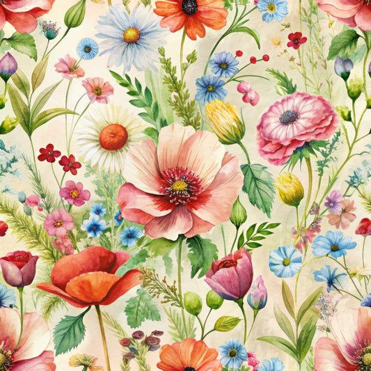 wildflowers, floral pattern, botanical design, poppies, daisies, watercolor style, pink flowers, blue flowers, orange blooms, red petals, green leaves, cream background, meadow flowers, spring garden, quilting cotton, fabric panel, delicate florals, nature motif, soft pastels, whimsical blooms