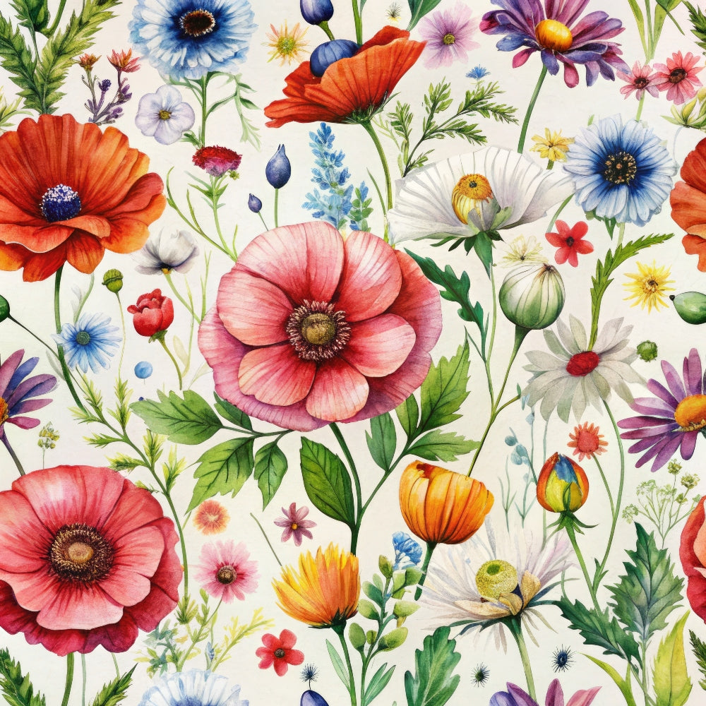 wildflowers, floral pattern, botanical design, pink poppies, orange blooms, blue daisies, purple flowers, white petals, red blossoms, yellow centers, green leaves, stems, buds, watercolor style, meadow flowers, spring blooms, quilting cotton, fabric panel, nature motifs, delicate artwork