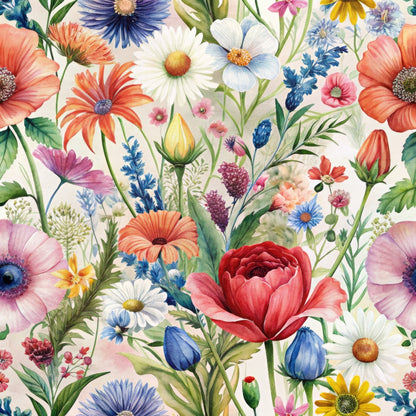 wildflowers, floral pattern, coral, navy blue, pink, white, yellow, purple, botanical design, daisies, poppies, meadow flowers, watercolor style, spring blooms, quilting cotton, fabric panel, bright colors, garden flowers, delicate petals, cheerful mood