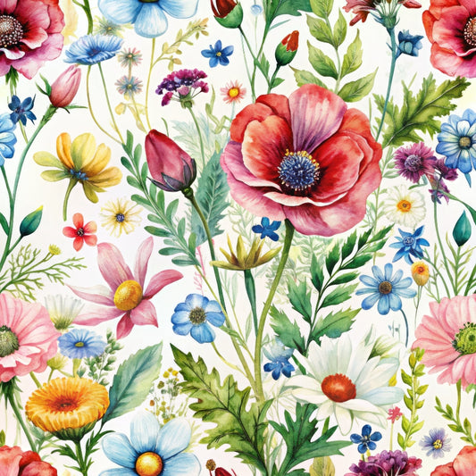wildflowers, floral pattern, pink poppies, blue flowers, yellow blooms, coral red, purple blossoms, botanical design, watercolor style, garden flowers, quilting cotton, fabric panel, spring blooms, meadow flowers, delicate petals, green foliage, white background, nature motifs, cottage core, whimsical florals