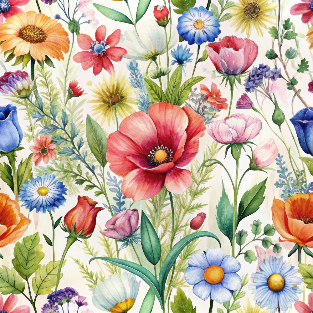 wildflowers, floral pattern, watercolor style, coral red, sky blue, orange, purple, pink, yellow, green leaves, poppies, daisies, tulips, lavender, botanical design, spring flowers, meadow flowers, quilting cotton, fabric panel, whimsical, delicate blooms, nature inspired, soft pastels, vibrant colors