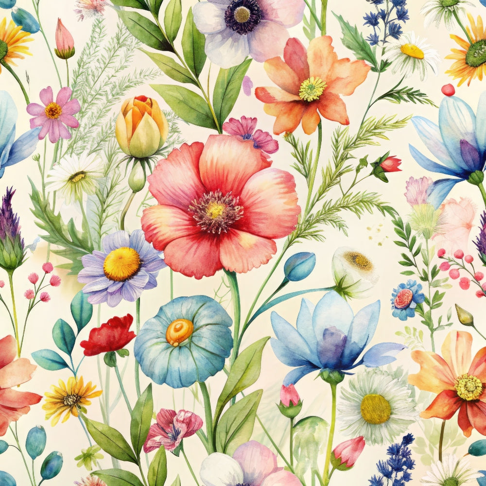 wildflowers, floral pattern, botanical design, coral pink, sky blue, lavender purple, sunny yellow, orange blooms, green leaves, watercolor style, delicate petals, garden flowers, meadow scene, spring theme, quilting cotton, fabric panel, soft pastels, nature motifs, whimsical florals, cottage core