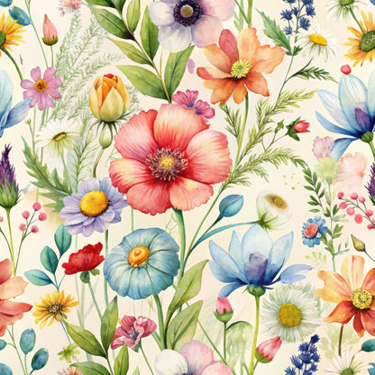 wildflowers, floral pattern, botanical design, coral pink, sky blue, lavender purple, sunny yellow, orange blooms, green leaves, watercolor style, delicate petals, garden flowers, meadow scene, spring theme, quilting cotton, fabric panel, soft pastels, nature motifs, whimsical florals, cottage core