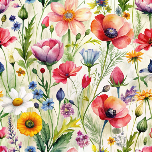 wildflowers, poppies, daisies, cornflowers, botanical pattern, watercolor style, pink flowers, red blooms, blue petals, yellow centers, purple buds, orange marigolds, white daisies, green stems, meadow flowers, floral illustration, quilting cotton, fabric panel, spring garden, nature motifs