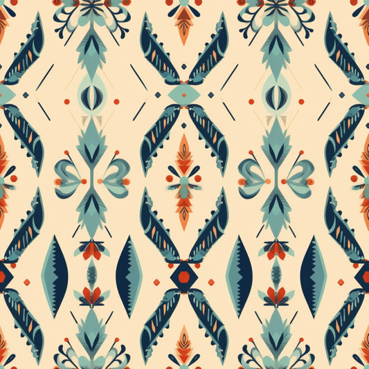 Intricate geometric pattern with symmetrical floral and leaf-like shapes in teal, orange, and navy on a cream background.