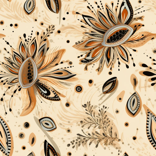 Abstract floral and leaf pattern with earthy tones in orange, black, and beige on a light background.