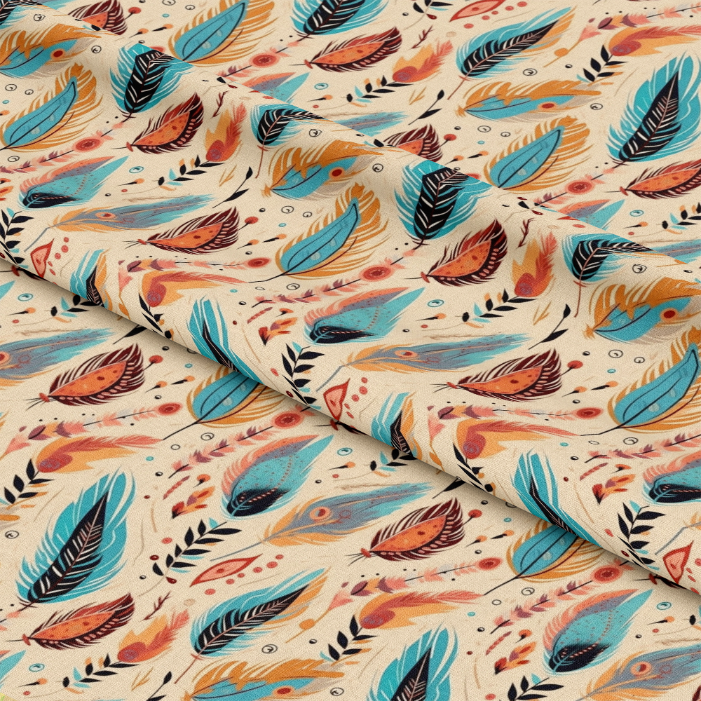 - Colorful Boho Pattern 8 Quilting Cotton Fabric  
- Multicolored feathers  
- Turquoise blue, burnt orange, black, beige  
- Bohemian style  
- Cotton textile  
- Quilting material  
- Decorative design  
- Soft fabric texture  
- Artistic feather motifs  
- Vibrant earthy tones  
- Lightweight cloth  
- Boho chic  
- Craft fabric  
- Yardage fabric