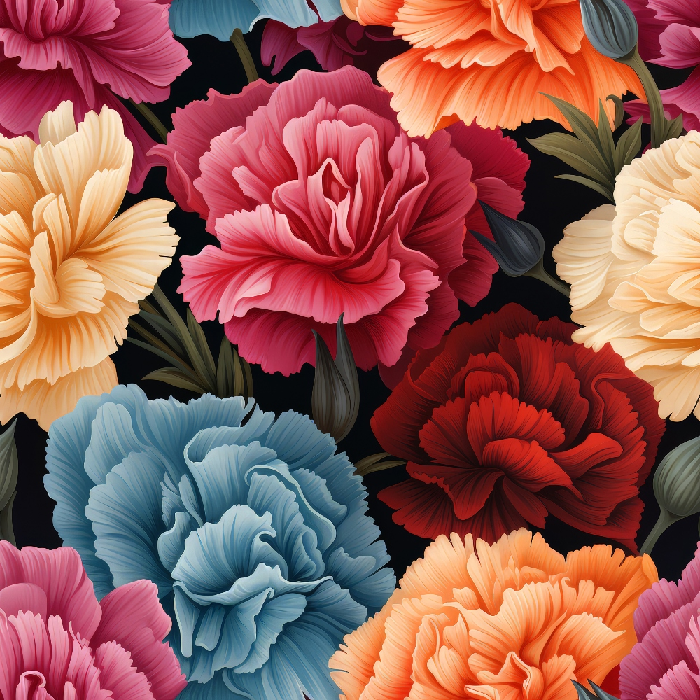 A vibrant arrangement of large, detailed flowers in red, pink, blue, orange, and cream against a dark background, with visible green leaves throughout.