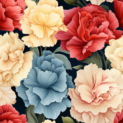 coral pink, cream yellow, dusty blue, deep red, carnation flowers, floral pattern, botanical design, layered petals, ruffled edges, dark background, quilting cotton, fabric panel, romantic style, garden flowers, bloom motif, soft pastels, realistic flowers, dense arrangement, green leaves