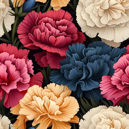 A vibrant floral pattern featuring red, blue, pink, yellow, and white flowers with detailed petals against a dark background.