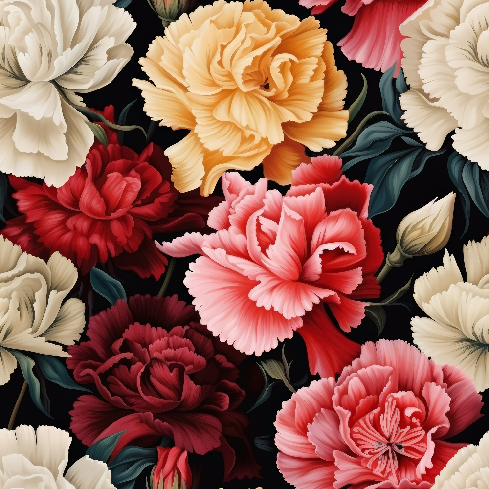 A vivid illustration of variously colored peonies, including pink, red, yellow, and white, set against a dark background with green leaves.