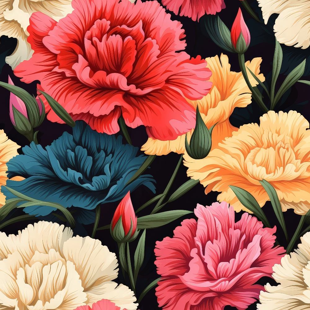floral pattern, carnation flowers, coral pink, navy blue, cream white, peach orange, botanical design, layered petals, green stems, quilting cotton, fabric panel, vibrant colors, blooming flowers, ruffled petals, flower buds, artistic illustration, seamless repeat, colorful blooms, garden flowers