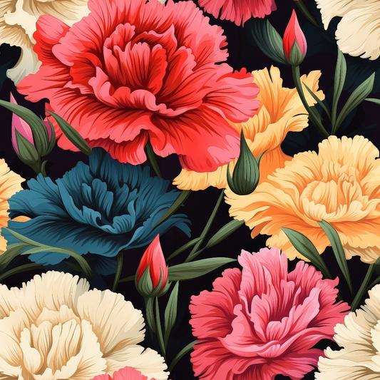 Illustration of colorful blooming flowers, including red, pink, blue, and yellow blossoms with green leaves on a dark background.