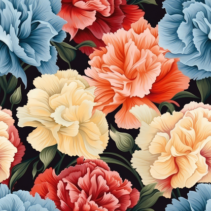 Floral pattern featuring large, detailed blooms in shades of red, blue, yellow, and cream, set against a dark background with green leaves.