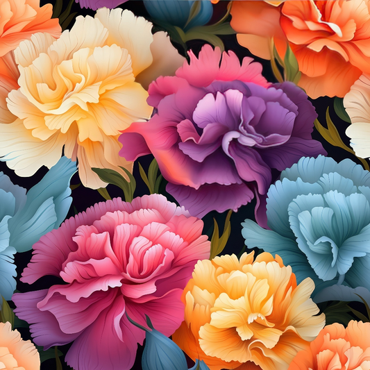 Illustration of vibrant, multi-colored flowers with ruffled petals on a dark background. The flowers include shades of purple, pink, orange, and blue.