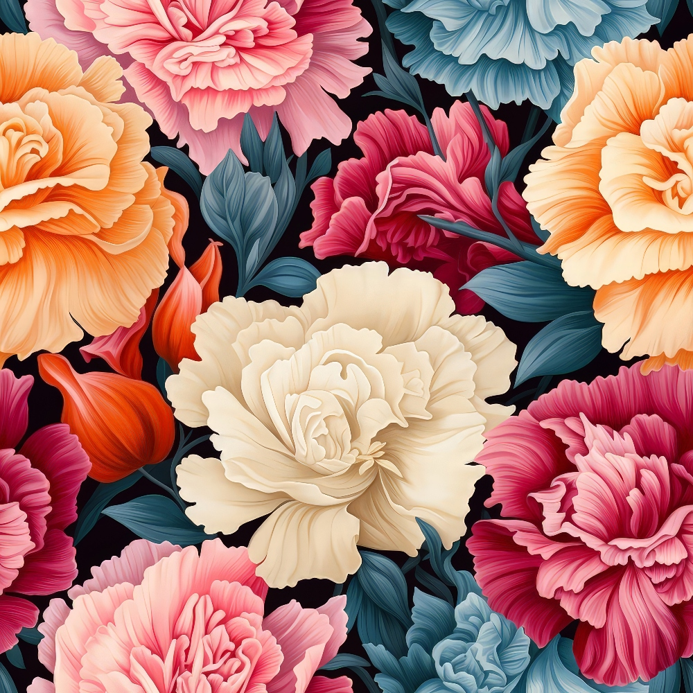 Illustration of vibrant, blooming flowers in various colors, including pink, orange, and cream, with dark green leaves against a black background.