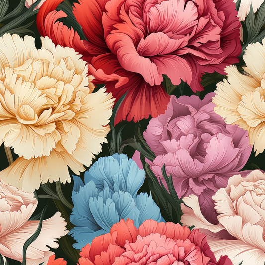 Illustration of various peonies in shades of red, pink, yellow, and blue with green leaves, creating a vibrant floral pattern.