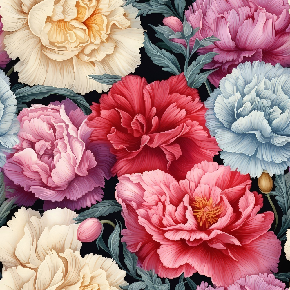 Vibrant floral pattern with large peonies in shades of red, pink, yellow, and blue, surrounded by green leaves on a dark background.