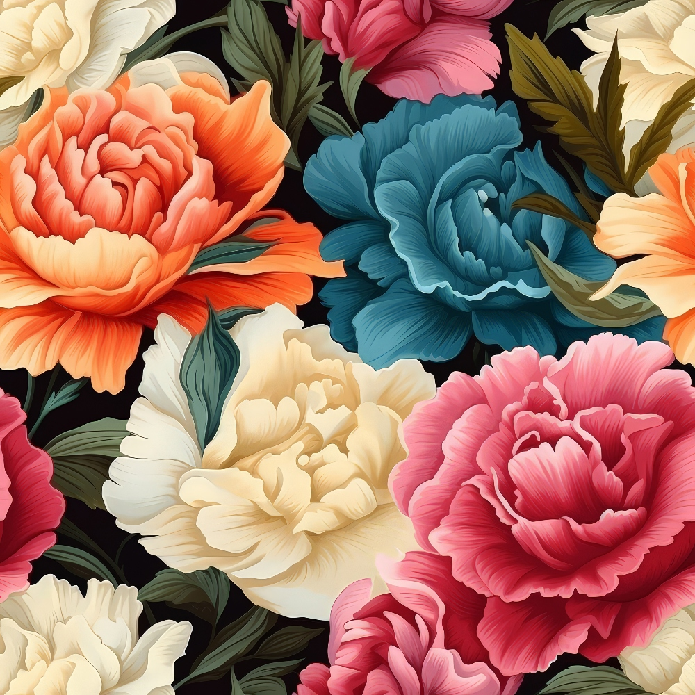 A vibrant floral pattern featuring large, detailed flowers in shades of red, pink, blue, orange, and cream with green leaves on a black background.