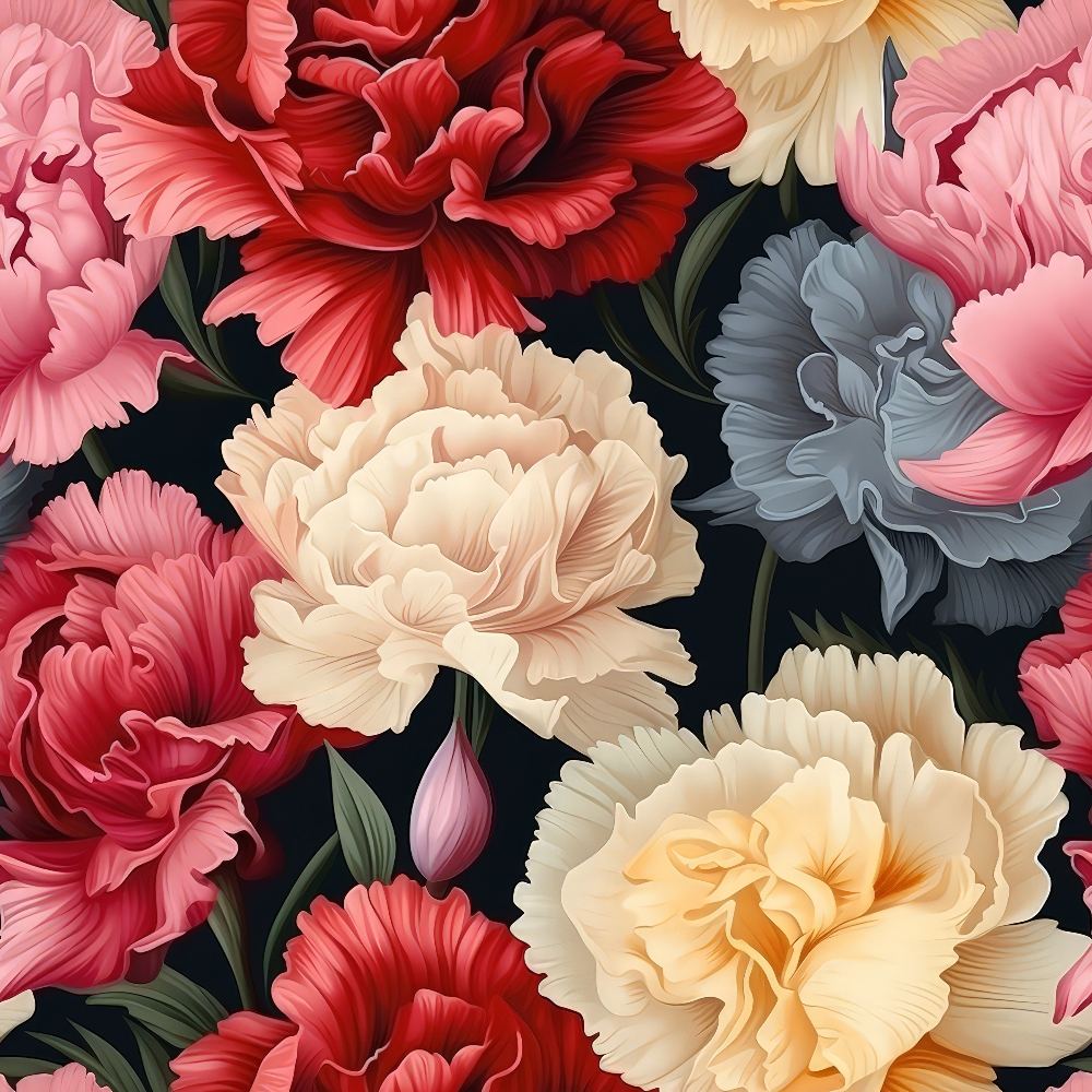 carnation flowers, floral pattern, pink blooms, red flowers, cream petals, yellow carnations, gray blossoms, botanical design, ruffled petals, layered flowers, dark background, quilting cotton, fabric panel, romantic florals, garden flowers, soft pastels, vintage style, repeating pattern, textile design, sewing material
