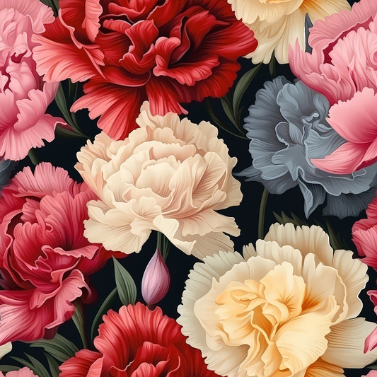 A vibrant pattern of various colored carnations, including red, pink, cream, and gray, with green leaves against a dark background.