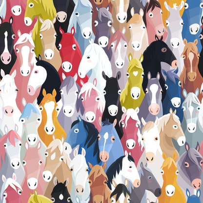 A colorful illustration of various horse heads with different coat colors and expressions, closely packed together, covering the entire frame.