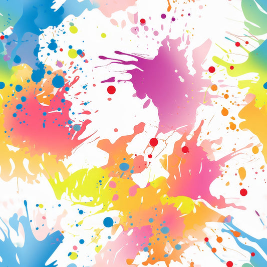 paint splashes, colorful abstract, blue, pink, yellow, orange, purple, green, white background, watercolor style, artistic splatters, vibrant colors, modern design, quilting cotton, fabric panel, contemporary art, rainbow palette, creative pattern, splatter effect, bright hues