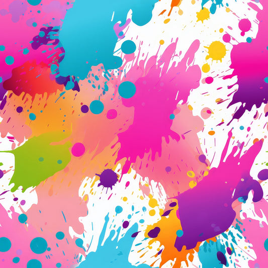 paint splashes, abstract pattern, bright colors, hot pink, turquoise, orange, purple, yellow, lime green, white background, artistic splatters, contemporary design, vibrant fabric, quilting cotton, fabric panel, modern art style, colorful drops, paint drips, creative pattern, energetic design