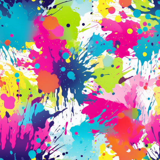 paint splashes, colorful splatters, abstract art, bright pink, electric blue, lime green, sunny yellow, orange accents, purple drips, white background, messy paint, artistic chaos, vibrant colors, modern art style, energetic pattern, quilting cotton, fabric panel, paint drips, scattered dots, playful design