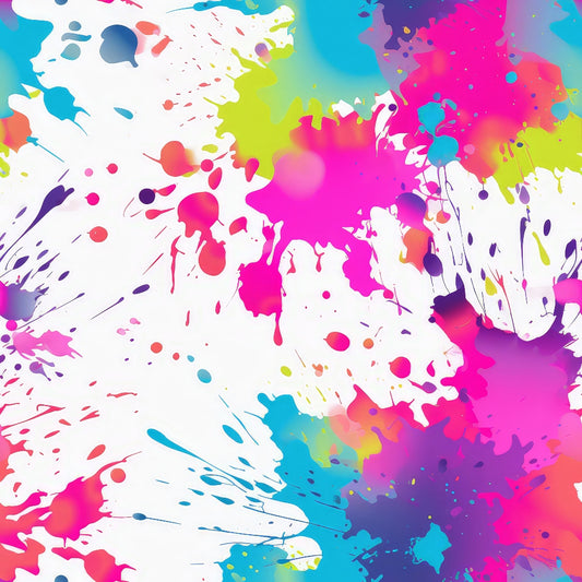 colorful paint splashes, abstract art, vibrant pink, electric blue, lime green, purple, coral, white background, splatters, drips, artistic design, contemporary style, modern abstract, quilting cotton, fabric panel, energetic pattern, paint drops, creative expression, bright colors, splatter effect