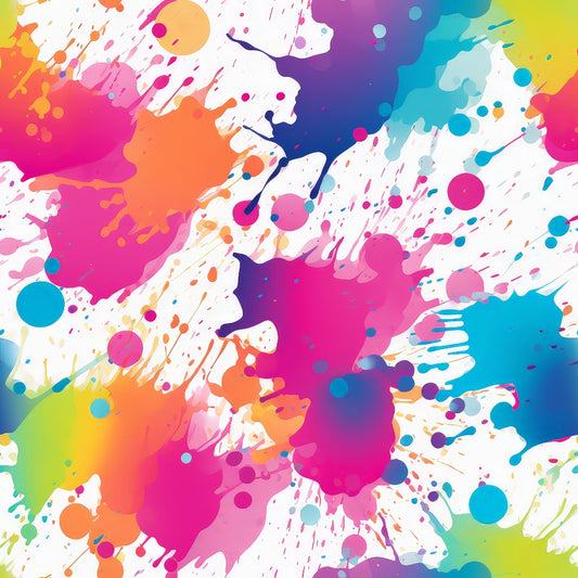 colorful paint splashes, abstract art, vibrant colors, pink splashes, blue paint drops, orange splatters, yellow accents, purple paint, turquoise blue, magenta pink, lime green, paint drips, artistic design, modern pattern, quilting cotton, fabric panel, creative art, paint brush strokes, contemporary style, bright colors