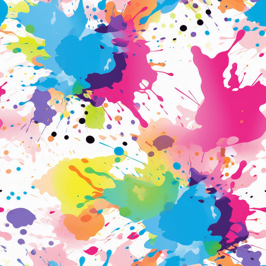 colorful paint splashes, abstract pattern, bright colors, pink splatter, blue paint, yellow drops, purple blotches, green accents, orange spots, white background, artistic design, modern art style, paint drips, color explosion, vibrant hues, quilting cotton, fabric panel, contemporary pattern, playful design, rainbow colors
