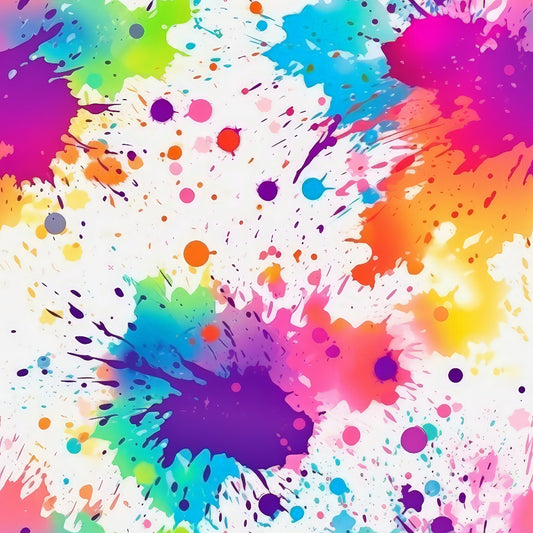 colorful paint splashes, vibrant rainbow colors, purple, pink, blue, green, orange, yellow, abstract art, paint splatters, artistic design, cotton fabric, quilting panel, modern art style, creative pattern, bright colors, paint drops, splatter effect, contemporary design, crafting fabric