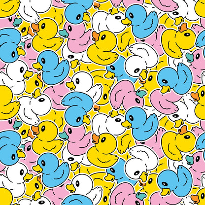 A pattern featuring yellow, blue, pink, and white cartoon rubber ducks, overlapping and facing various directions.