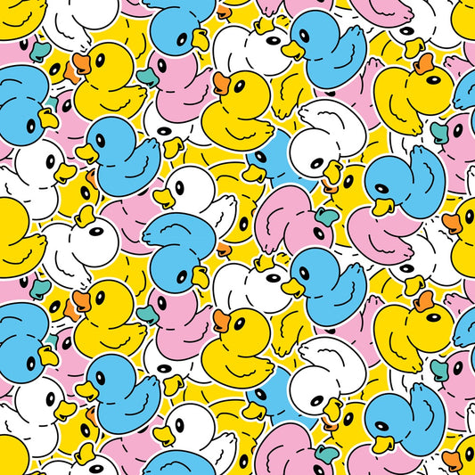 A pattern featuring yellow, blue, pink, and white cartoon rubber ducks, overlapping and facing various directions.