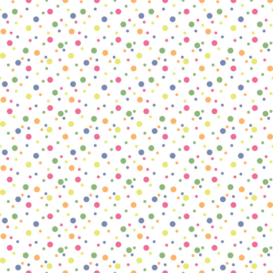 confetti dots, polka dots, multicolor circles, pink dots, blue dots, green dots, yellow dots, orange dots, scattered pattern, random placement, cheerful design, bright colors, playful pattern, quilting cotton, fabric panel, geometric shapes, festive design, rainbow colors, whimsical style, celebration theme