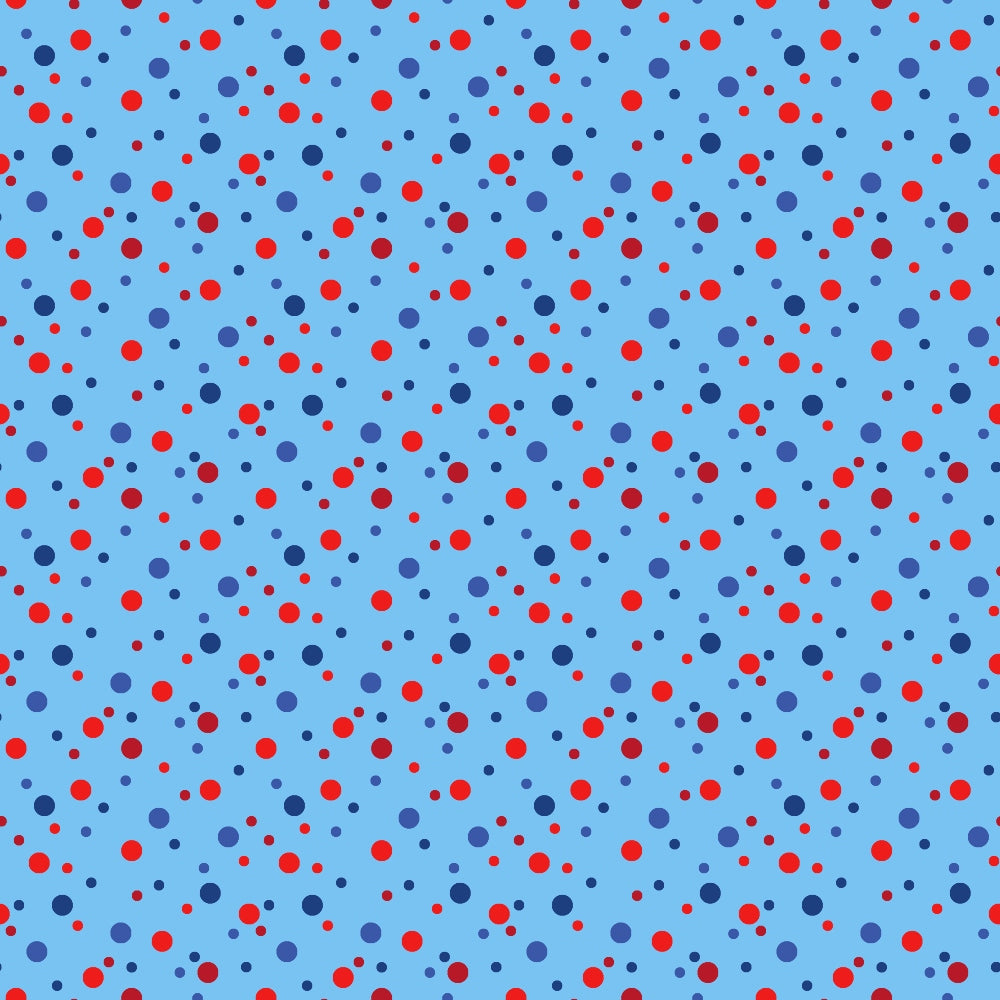 A blue background with a pattern of scattered red and blue polka dots in varying sizes.