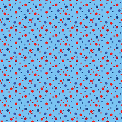 A blue background with a pattern of scattered red and blue polka dots in varying sizes.