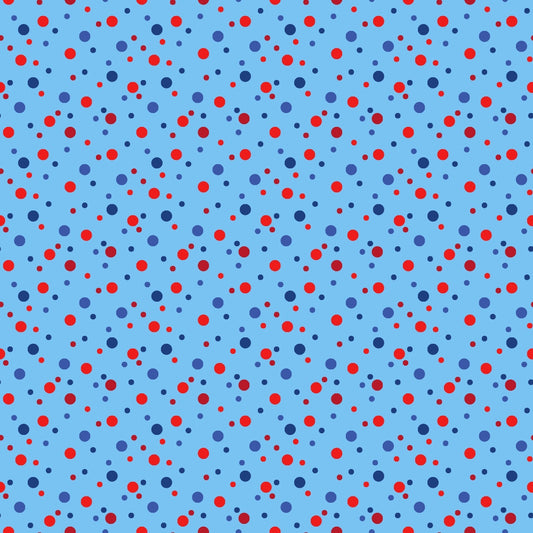 A blue background with a pattern of scattered red and blue polka dots in varying sizes.