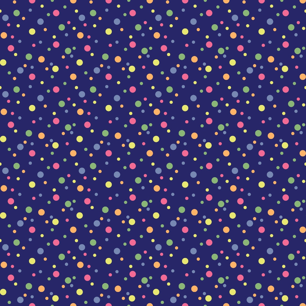 Pattern with colorful dots in yellow, green, orange, and pink on a dark blue background.