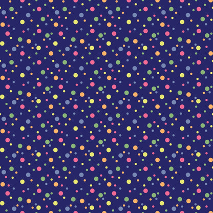 Pattern with colorful dots in yellow, green, orange, and pink on a dark blue background.