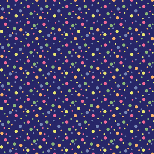 Pattern with colorful dots in yellow, green, orange, and pink on a dark blue background.