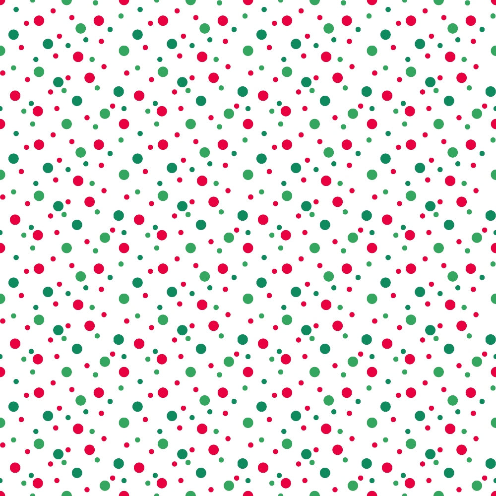 Red and green polka dots on a white background in a random pattern.