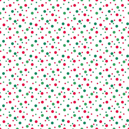 Red and green polka dots on a white background in a random pattern.