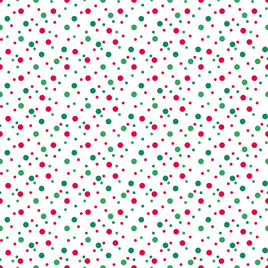 Red and green polka dots on a white background in a random pattern.