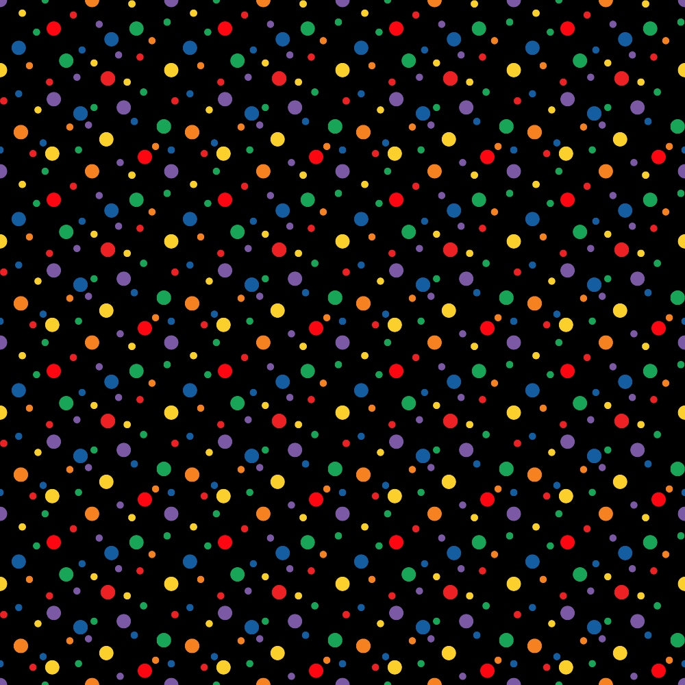 confetti dots, multicolored circles, black background, rainbow colors, red dots, blue dots, yellow dots, green dots, orange dots, purple dots, scattered pattern, polka dots, festive design, celebration theme, geometric pattern, quilting cotton, fabric panel, bright colors, party theme, cheerful mood