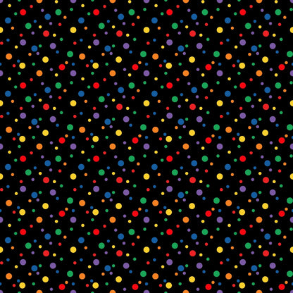 confetti dots, multicolored circles, black background, rainbow colors, red dots, blue dots, yellow dots, green dots, orange dots, purple dots, scattered pattern, polka dots, festive design, celebration theme, geometric pattern, quilting cotton, fabric panel, bright colors, party theme, cheerful mood