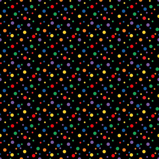 confetti dots, multicolored circles, black background, rainbow colors, red dots, blue dots, yellow dots, green dots, orange dots, purple dots, scattered pattern, polka dots, festive design, celebration theme, geometric pattern, quilting cotton, fabric panel, bright colors, party theme, cheerful mood
